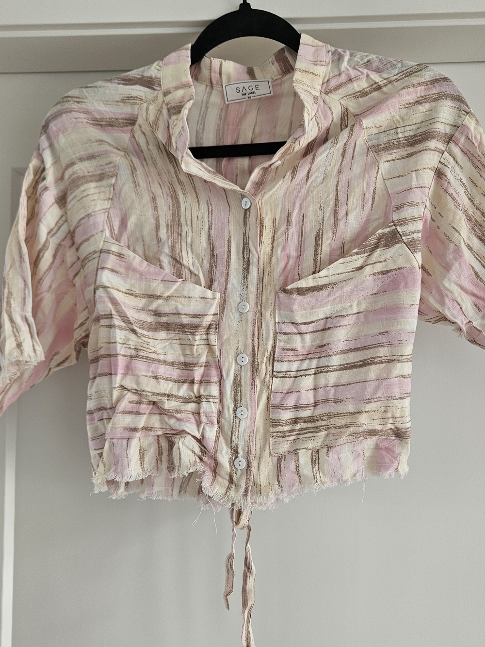 SAGE striped cropped button-front blouse in blush & cream
